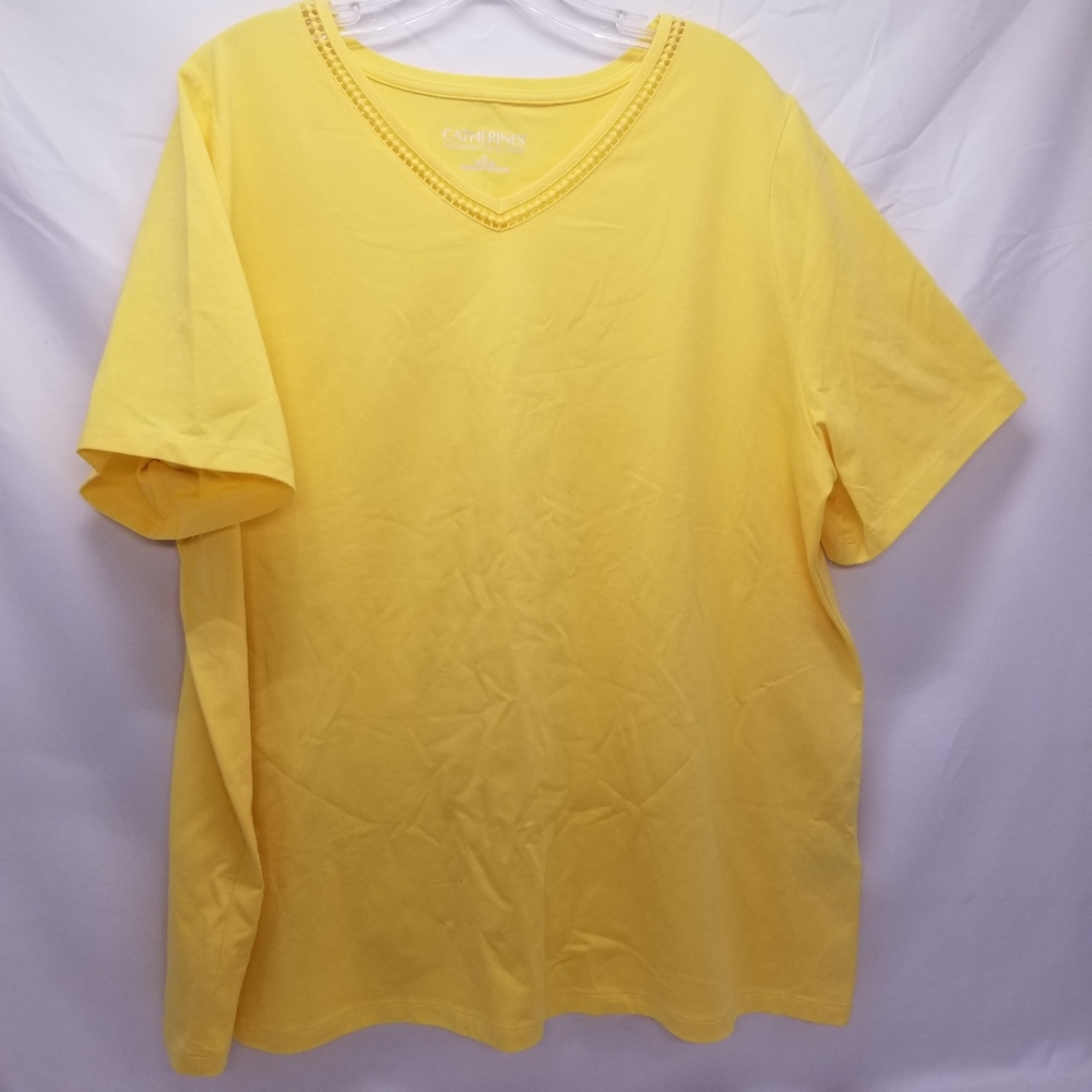 Catherines Womans Sz 1X 18/20W T Shirt Blouse Cut Out V Neck Short Sleeve Yellow